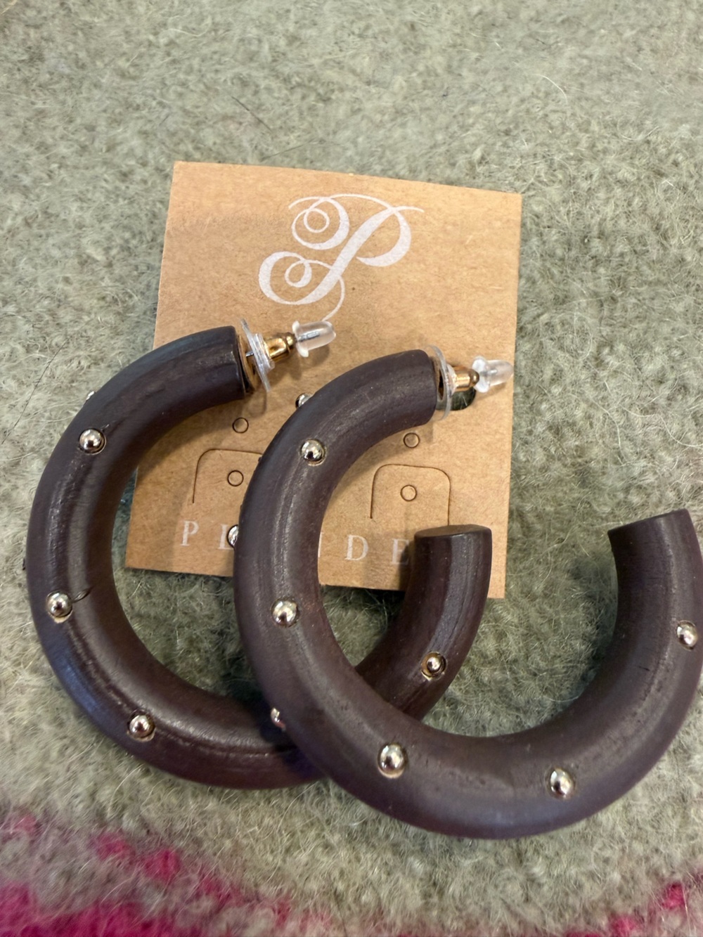 Plunder chic brown post hoop earrings with gold tone beads